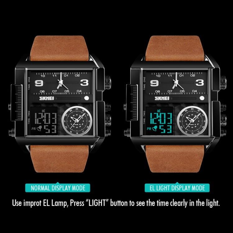 SKMEI 1391 Multifunctional Men Business Digital Watch 30m Waterproof Square Dial Wrist Watch with Leather Watchband(Black+Coffee) - free shipping - PMC TechLife - Order now!