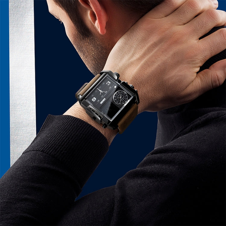 SKMEI 1391 Multifunctional Men Business Digital Watch 30m Waterproof Square Dial Wrist Watch with Leather Watchband(Black Brown) - free shipping - PMC TechLife - Order now!