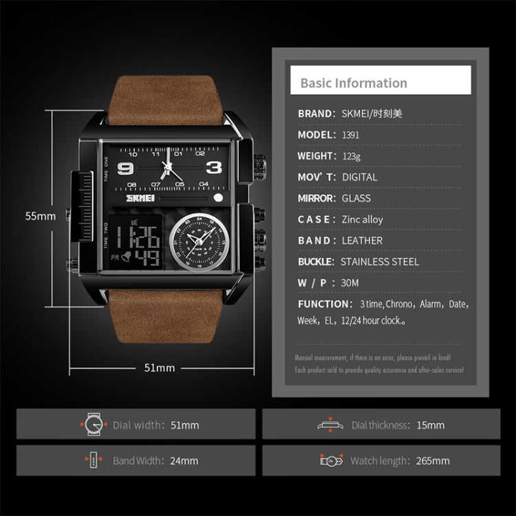 SKMEI 1391 Multifunctional Men Business Digital Watch 30m Waterproof Square Dial Wrist Watch with Leather Watchband(Black Brown) - free shipping - PMC TechLife - Order now!