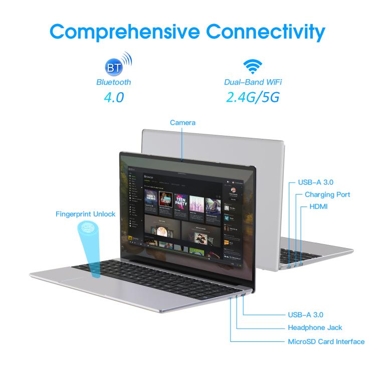 N5095 15.6 inch Laptop, 8GB+256GB, Windows 11 Intel Celeron N5095 Quad Core, Support Fingerprint Unlock, EU Plug (Silver) - free shipping - PMc TechLife - Order now!