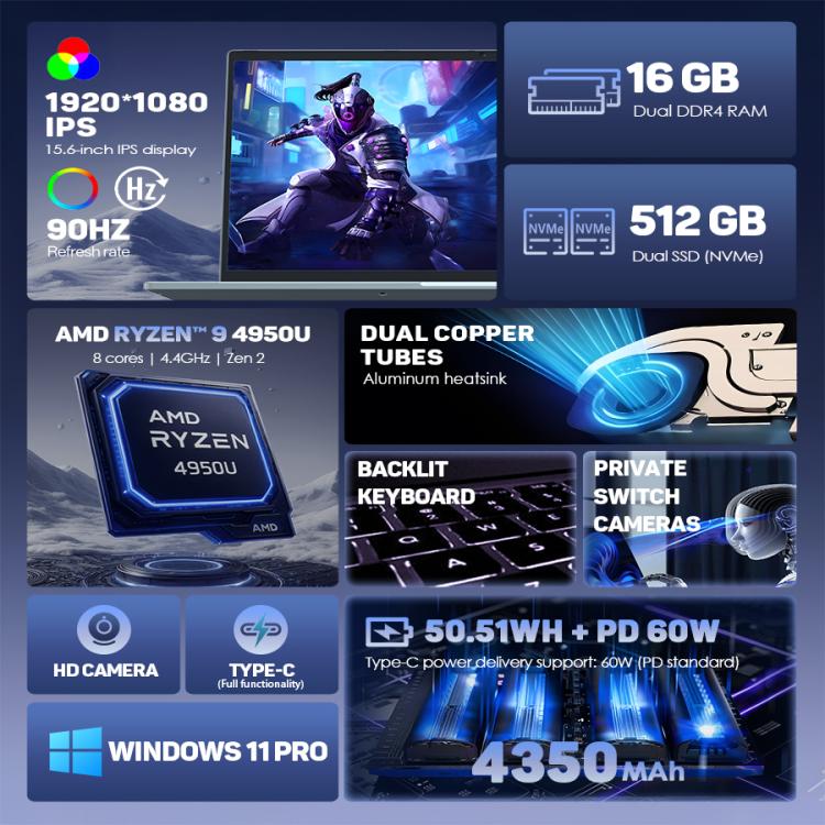 G16 Air 15.6 inch Gaming Laptop, 16GB+512GB, Windows 11 Pro AMD Ryzen 9 4950U Octa Core, EU Plug - free shipping - PMc TechLife - Order now!