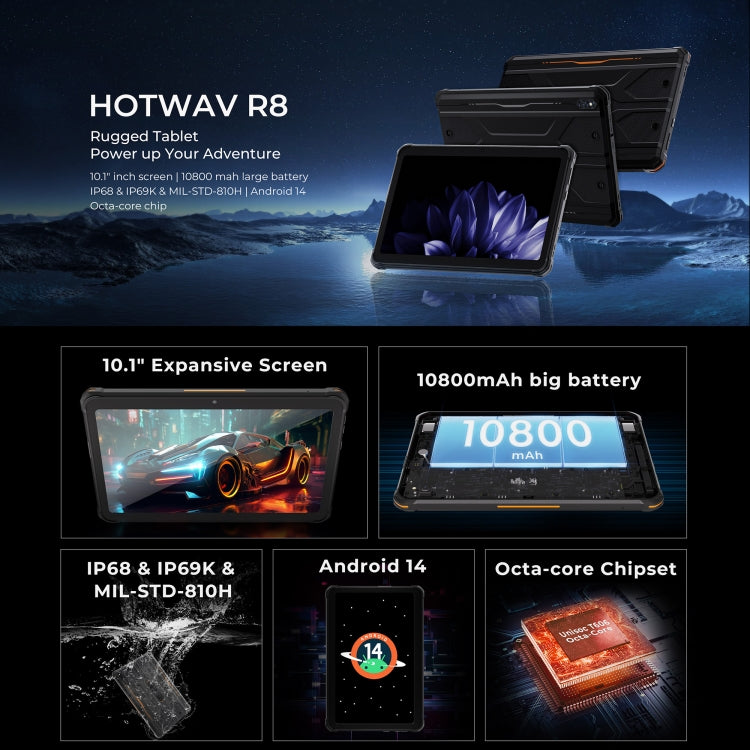 HOTWAV Tab R8 IP68/IP69K Rugged Tablet, 4GB+128GB, 10.1 inch Android 14 Unisoc T606 Octa Core 4G Network, Global Version with Google Play, EU Plug (Black+Orange) - free shipping - PMC TechLife - Order now!