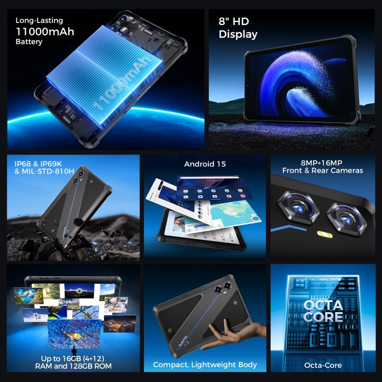 OUKITEL RT3 Plus 4G Network IP68/IP69K Rugged Tablet, 4GB+128GB, 8.0 inch Android 15 MediaTek G81 Octa-Core Support Dual SIM, EU Plug (Black) - free shipping - PMC TechLife - Order now!