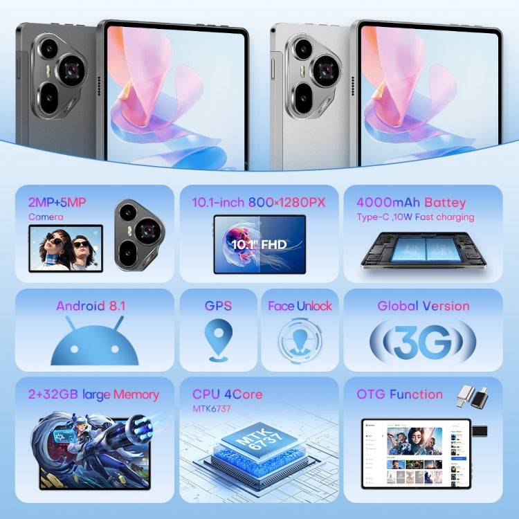 Pad7 Ultra 10.1 inch 3G Phone Call Tablet PC, 2GB+32GB, Android 8.1 MTK6737 Quad Core, AU Plug (Silver) - free shipping - PMc TechLife - Order now!