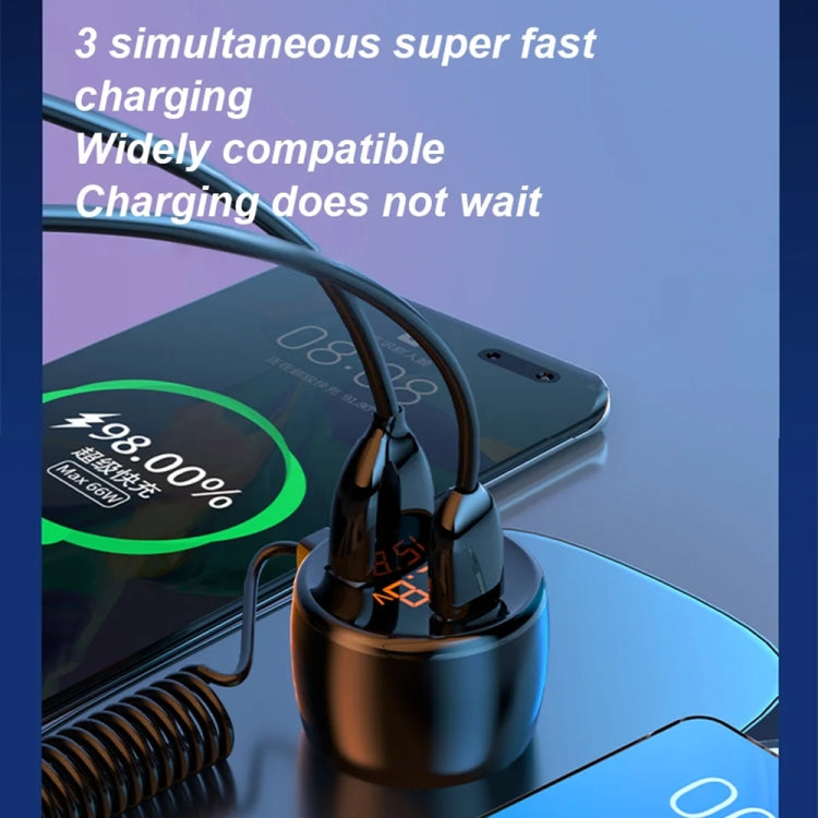 Ozio HX08 231W Type-C + USB Dual Port Car Charger with 3 in 1 Spring Data Cable - free shipping - PMC TechLife - Order now!