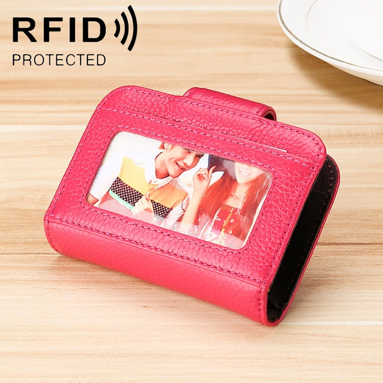 KB188 Horizontal Cowhide Leather Organ Shape Multiple Card Slots Anti-magnetic RFID Wallet for Ladies, with Transparent Window(Rose Red) - Antimagnetic RFID Package by PMC TechLife | Online Shopping South Africa | PMC TechLife | Buy Now Pay Later Mobicred