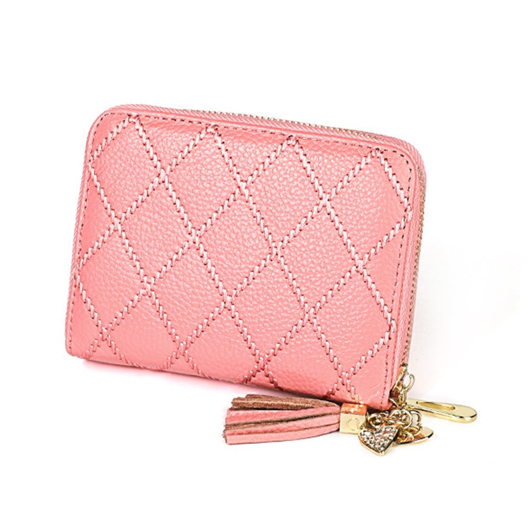 KB213 Diamond Texture Zipper Cowhide Leather Double Row Organ Shape Multiple Card Slots Anti-magnetic RFID Wallet Clutch Bag for Ladies (Pink) - free shipping - PMC TechLife - Order now!