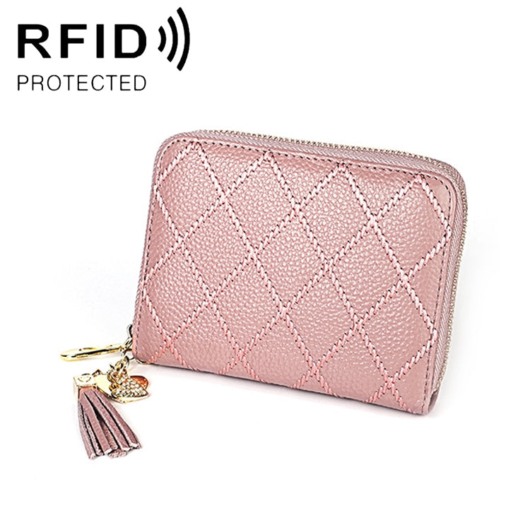 KB213 Diamond Texture Zipper Cowhide Leather Double Row Organ Shape Multiple Card Slots Anti-magnetic RFID Wallet Clutch Bag for Ladies (Light Pink) - free shipping - PMC TechLife - Order now!