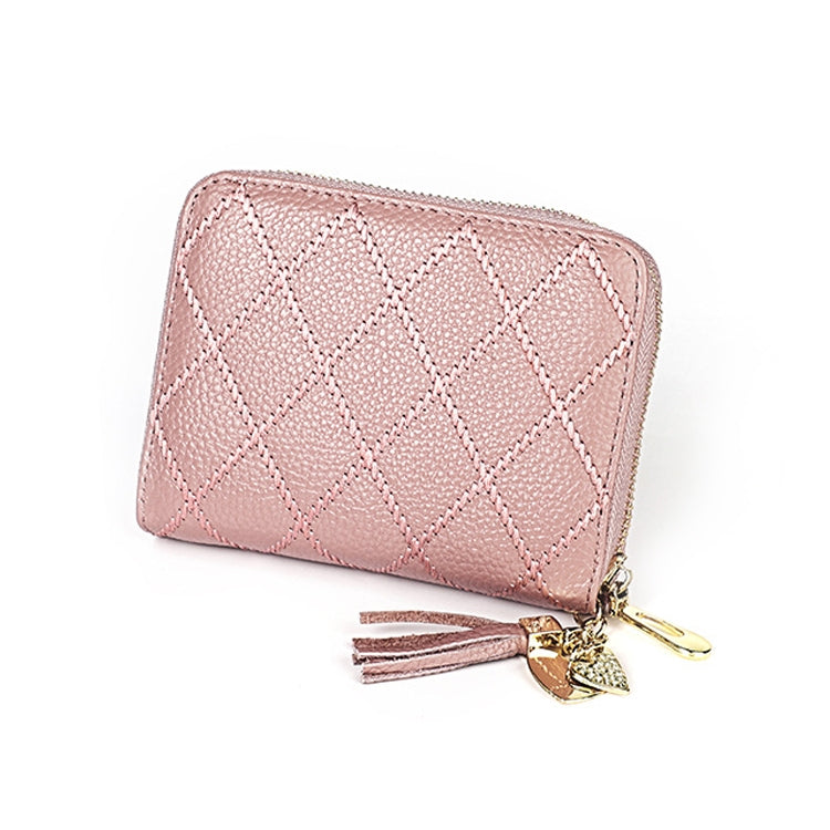 KB213 Diamond Texture Zipper Cowhide Leather Double Row Organ Shape Multiple Card Slots Anti-magnetic RFID Wallet Clutch Bag for Ladies (Light Pink) - free shipping - PMC TechLife - Order now!