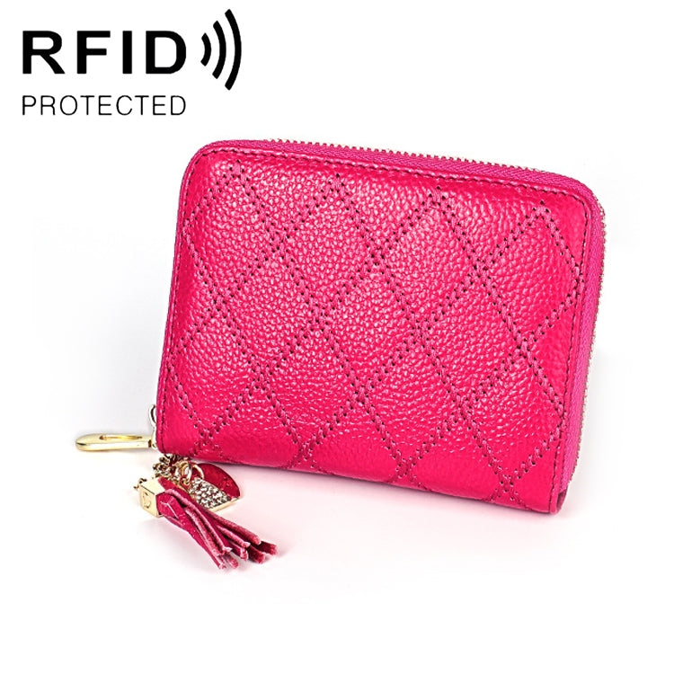 KB213 Diamond Texture Zipper Cowhide Leather Double Row Organ Shape Multiple Card Slots Anti-magnetic RFID Wallet Clutch Bag for Ladies (Rose Red) - free shipping - PMC TechLife - Order now!