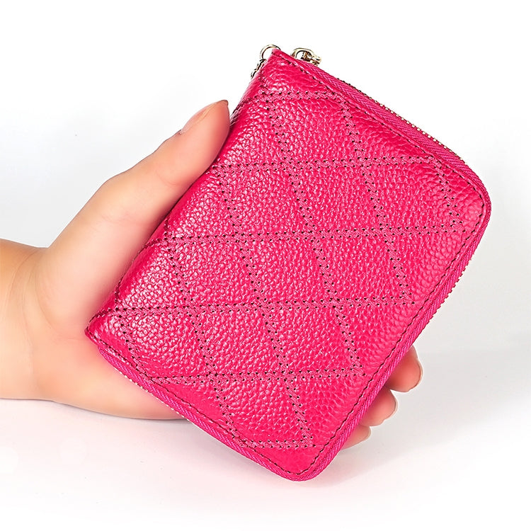 KB213 Diamond Texture Zipper Cowhide Leather Double Row Organ Shape Multiple Card Slots Anti-magnetic RFID Wallet Clutch Bag for Ladies (Rose Red) - free shipping - PMC TechLife - Order now!