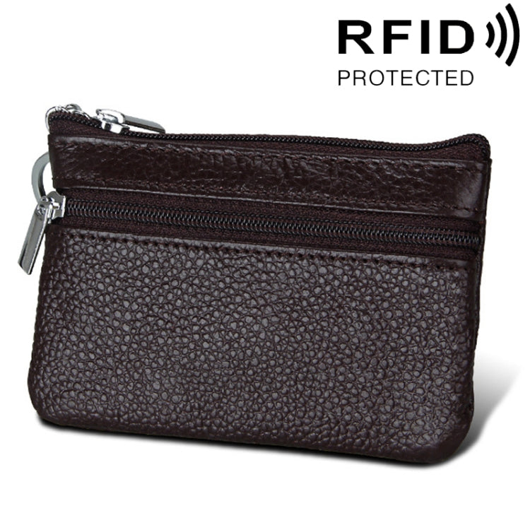 Cowhide Leather Zipper Solid Color Horizontal Card Holder Wallet RFID Blocking Coin Purse Card Bag Protect Case, Size: 11.4*7.4cm(Coffee) - free shipping - PMC TechLife - Order now!