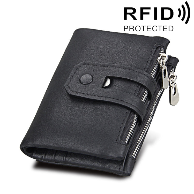 Genuine Cowhide Leather Crazy Horse Texture Zipper 3-folding Card Holder Wallet RFID Blocking Coin Purse Card Bag Protect Case for Men, Size: 12*9.5*3.5cm(Black) - Antimagnetic RFID Package by PMC TechLife | Online Shopping South Africa | PMC TechLife | Buy Now Pay Later Mobicred