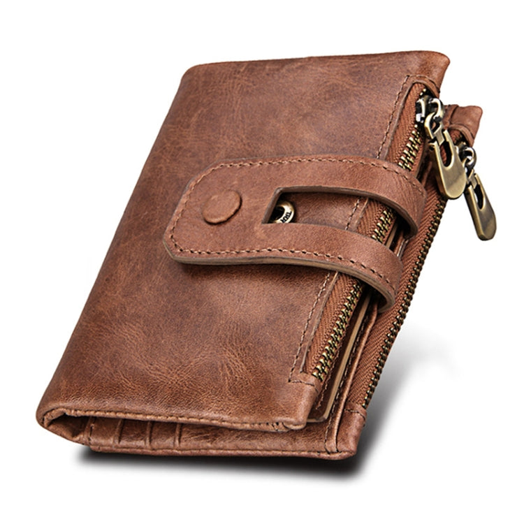 Genuine Cowhide Leather Crazy Horse Texture Zipper 3-folding Card Holder Wallet RFID Blocking Coin Purse Card Bag Protect Case for Men, Size: 12*9.5*3.5cm(Taupe) - free shipping - PMC TechLife - Order now!