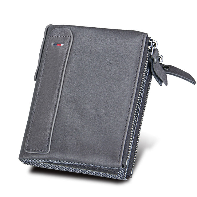 Genuine Cowhide Leather Crazy Horse Texture Dual Zipper Short Style Card Holder Wallet RFID Blocking Card Bag Protect Case for Men, Size: 12.1*9.4*2.7cm(Grey) - Antimagnetic RFID Package by PMC TechLife | Online Shopping South Africa | PMC TechLife | Buy Now Pay Later Mobicred