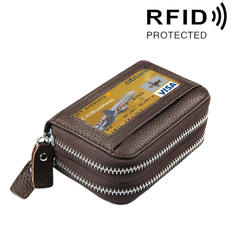 Genuine Cowhide Leather Dual Layer Solid Color Zipper Card Holder Wallet RFID Blocking Coin Purse Card Bag Protective Case with 11 Card Slots & Coin Position, Size: 11*7.5*4.5cm(Coffee) - Antimagnetic RFID Package by PMC TechLife | Online Shopping South Africa | PMC TechLife | Buy Now Pay Later Mobicred