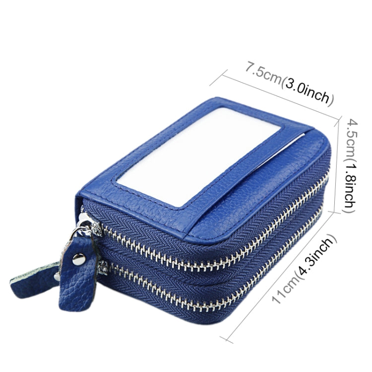 Genuine Cowhide Leather Dual Layer Solid Color Zipper Card Holder Wallet RFID Blocking Coin Purse Card Bag Protective Case with 11 Card Slots & Coin Position, Size: 11*7.5*4.5cm(Blue) - Antimagnetic RFID Package by PMC TechLife | Online Shopping South Africa | PMC TechLife | Buy Now Pay Later Mobicred