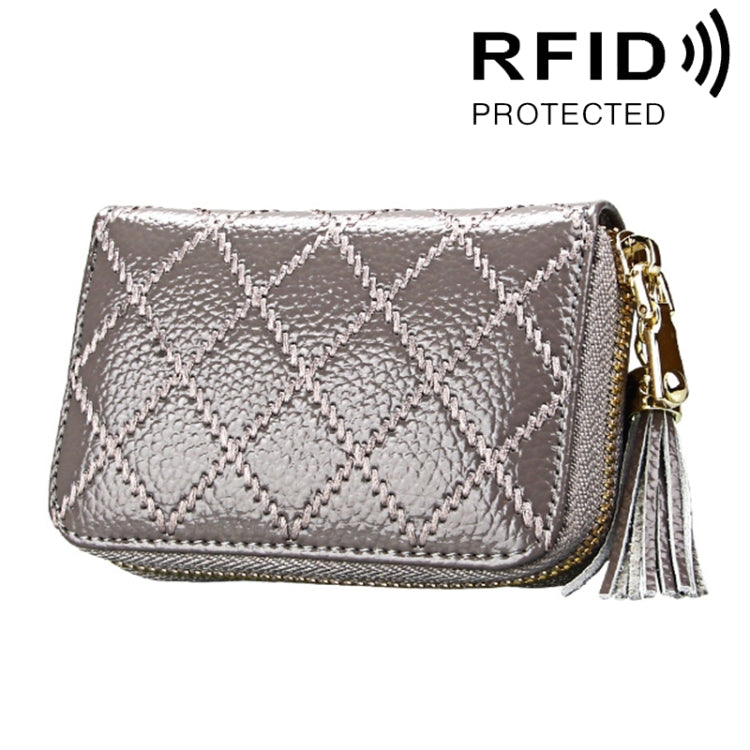 Genuine Cowhide Leather Grid Texture Zipper Card Holder Wallet RFID Blocking Card Bag Protect Case Coin Purse with Tassel Pendant & 15 Card Slots for Women, Size: 11.1*7.9*3.5cm(Grey) - Antimagnetic RFID Package by PMC TechLife | Online Shopping South Africa | PMC TechLife | Buy Now Pay Later Mobicred