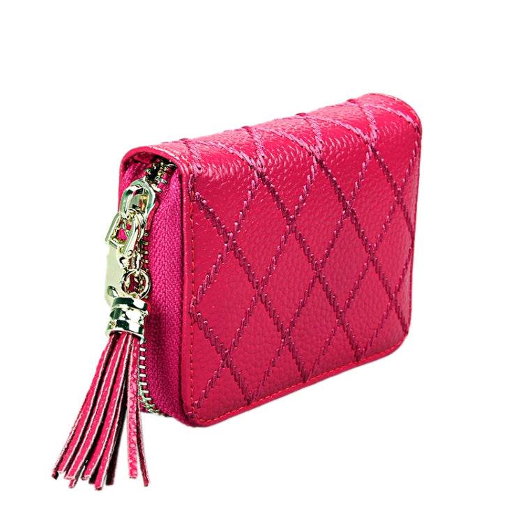 Genuine Cowhide Leather Grid Texture Zipper Card Holder Wallet RFID Blocking Card Bag Protect Case Coin Purse with Tassel Pendant & 15 Card Slots for Women, Size: 11.1*7.9*3.5cm(Grey) - Antimagnetic RFID Package by PMC TechLife | Online Shopping South Africa | PMC TechLife | Buy Now Pay Later Mobicred