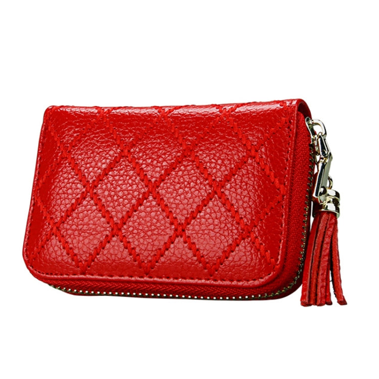 Genuine Cowhide Leather Grid Texture Zipper Card Holder Wallet RFID Blocking Card Bag Protect Case Coin Purse with Tassel Pendant & 15 Card Slots for Women, Size: 11.1*7.9*3.5cm(Red) - Antimagnetic RFID Package by PMC TechLife | Online Shopping South Africa | PMC TechLife | Buy Now Pay Later Mobicred