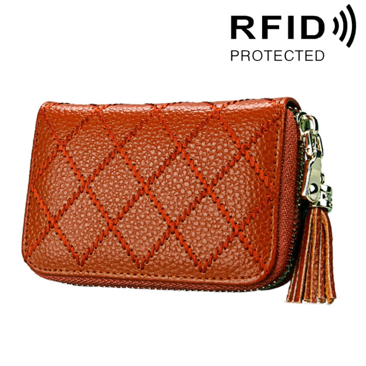Genuine Cowhide Leather Grid Texture Zipper Card Holder Wallet RFID Blocking Card Bag Protect Case Coin Purse with Tassel Pendant & 15 Card Slots for Women, Size: 11.1*7.9*3.5cm(Brown) - Antimagnetic RFID Package by PMC TechLife | Online Shopping South Africa | PMC TechLife | Buy Now Pay Later Mobicred
