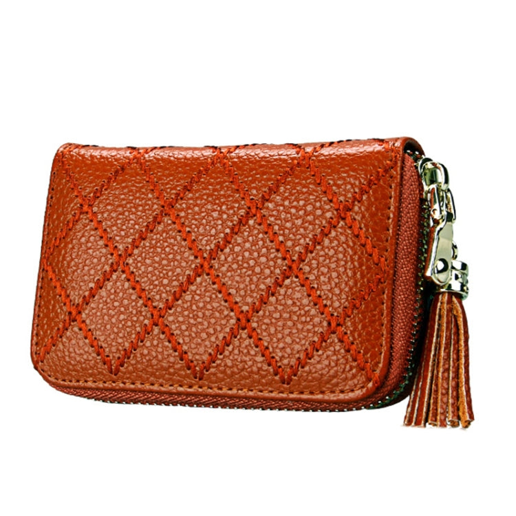 Genuine Cowhide Leather Grid Texture Zipper Card Holder Wallet RFID Blocking Card Bag Protect Case Coin Purse with Tassel Pendant & 15 Card Slots for Women, Size: 11.1*7.9*3.5cm(Brown) - Antimagnetic RFID Package by PMC TechLife | Online Shopping South Africa | PMC TechLife | Buy Now Pay Later Mobicred