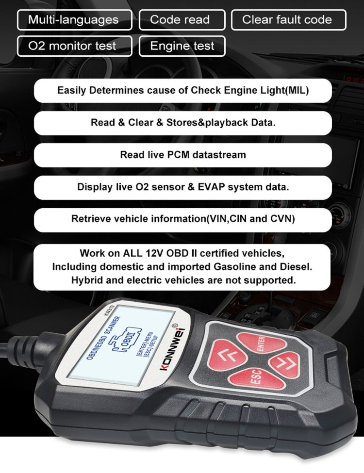 KONNWEI KW310 OBD Car Fault Detector Code Reader ELM327 OBD2 Scanner Diagnostic Tool(Black) - Code Readers & Scan Tools by KONNWEI | Online Shopping South Africa | PMC TechLife | Buy Now Pay Later Mobicred