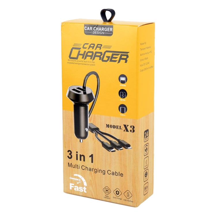 Universal Car 3 in 1 Quick Charger Dual Port USB Charger Power Outlet Adapter, Cable Length: 55cm - Car Charger by PMC TechLife | Online Shopping South Africa | PMC TechLife