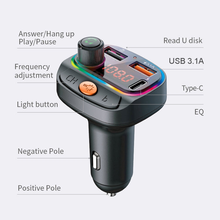 C15 Multifunctional Car Dual 3.1A+Type-C USB Charger Bluetooth FM Transmitter with Atmosphere Light - Bluetooth Car Kits by PMC TechLife | Online Shopping South Africa | PMC TechLife | Buy Now Pay Later Mobicred