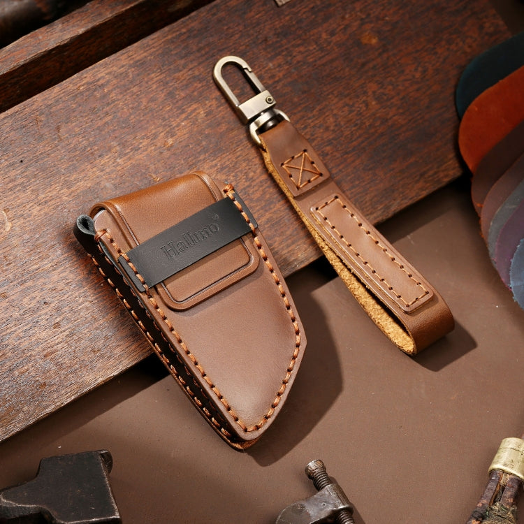 Hallmo Car Cowhide Leather Key Protective Cover Key Case for BMW Blade Style(Brown) - Car Key Cases by Hallmo | Online Shopping South Africa | PMC TechLife | Buy Now Pay Later Mobicred