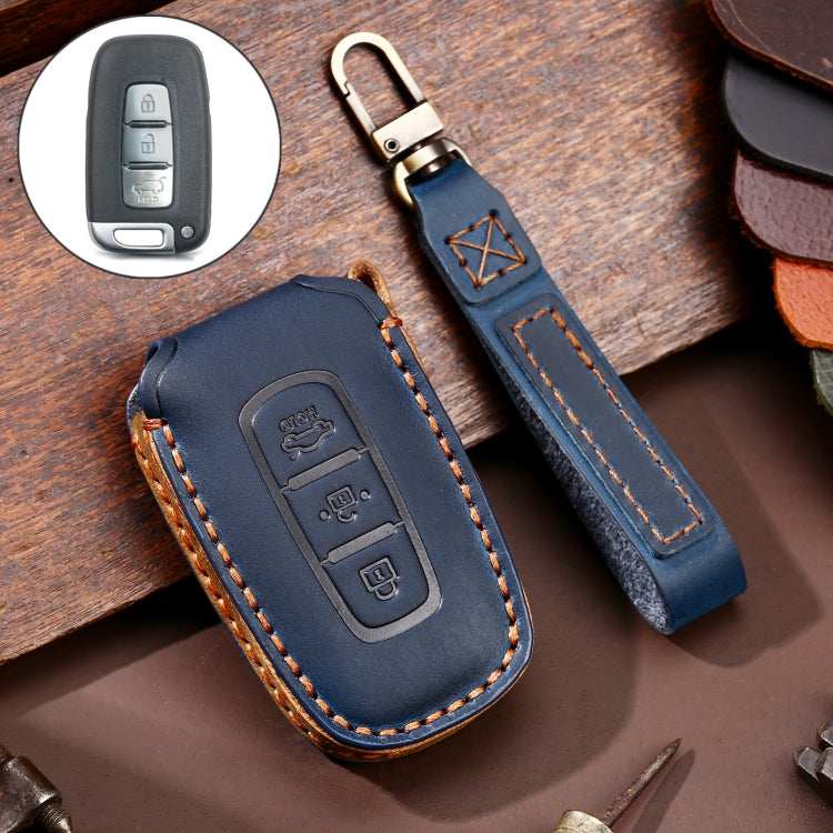 Hallmo Car Cowhide Leather Key Protective Cover Key Case for KIA K2 / K3 / K5 3-button(Blue) - Car Key Cases by Hallmo | Online Shopping South Africa | PMC TechLife | Buy Now Pay Later Mobicred