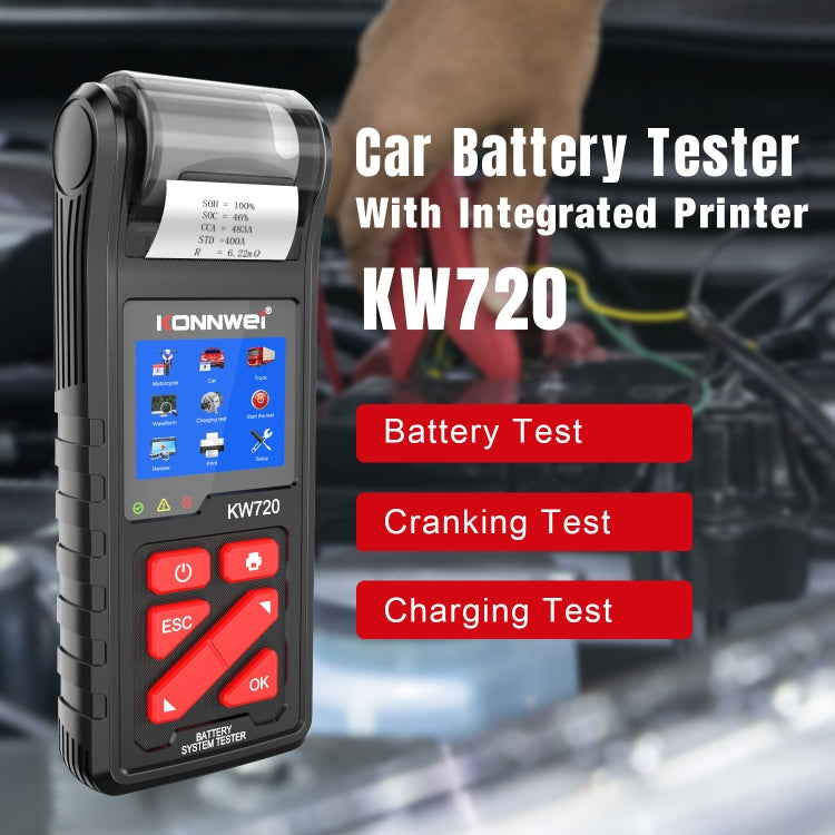 KONNWEI KW720 Car 3.2 inch 6V-24V Lead-acid Battery Tester with Printer - free shipping - PMC TechLife - Order now!