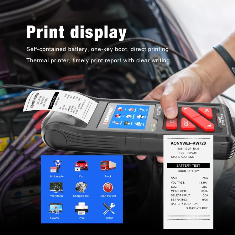 KONNWEI KW720 Car 3.2 inch 6V-24V Lead-acid Battery Tester with Printer - free shipping - PMC TechLife - Order now!