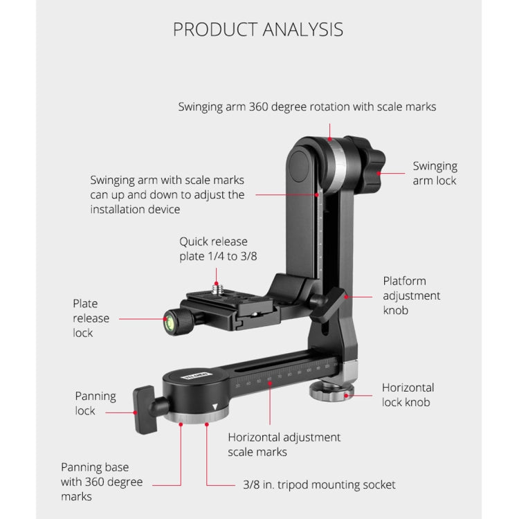 YELANGU A171 YLG0401E-C 360 Degree Rotation Horizontal Cantilever Gimbal Tripod Head for Home DV and SLR Cameras (Black) - Tripod Heads by YELANGU | Online Shopping South Africa | PMC TechLife | Buy Now Pay Later Mobicred