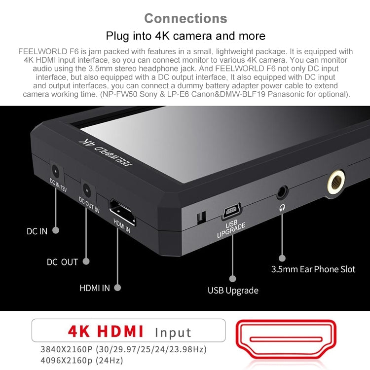FEELWORLD F6 1920x1080 5.5 inch IPS Screen HDMI 4K Camera Field Monitor - free shipping - PMC TechLife - Order now!