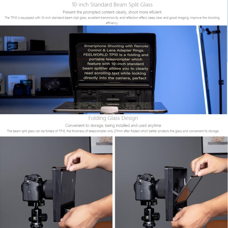 FEELWORLD TP10 Portable 10-inch Folding Teleprompter with Remote Control Lens Adapter Ring For Below 10 inches Smartphone / Tablet (Black) - free shipping - PMC TechLife - Order now!