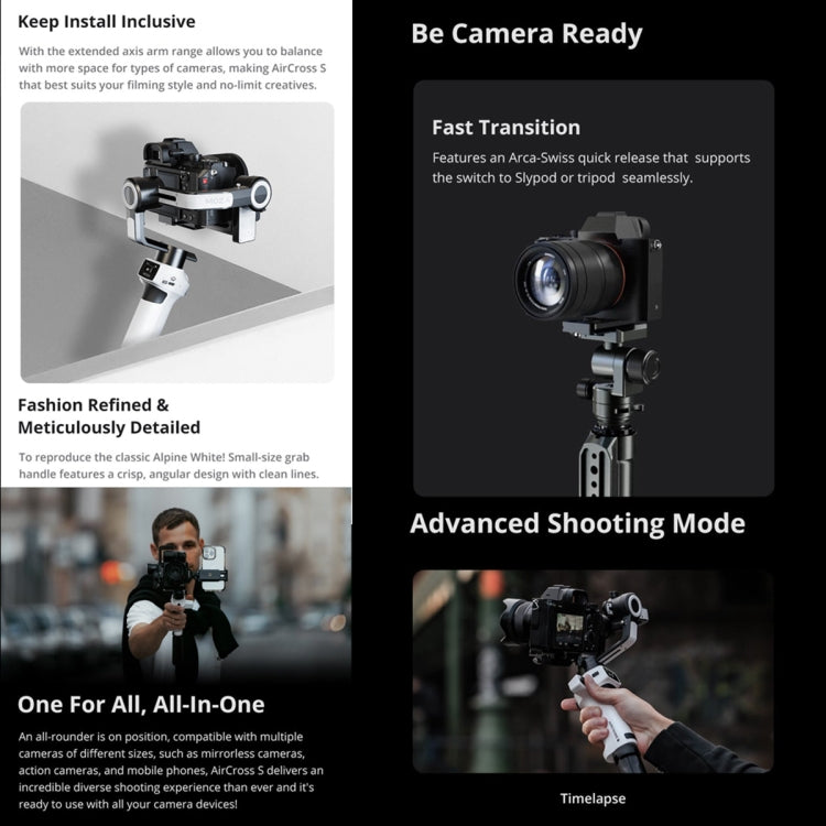 MOZA AirCross S 3 Axis Foldable Handheld Gimbal Stabilizer for DSLR Cameras and Smart Phone (White) - free shipping - PMC TechLife - Order now!