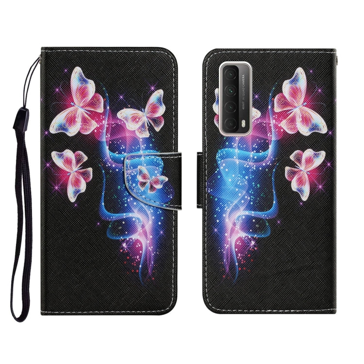 For Huawei P Smart 2021 / Y7a Coloured Drawing Pattern Horizontal Flip PU Leather Case with Holder & Card Slots & Wallet & Lanyard(Three Fluorescent Butterflies) - Huawei Cases by idewei | Online Shopping South Africa | PMC TechLife | Buy Now Pay Later Mobicred