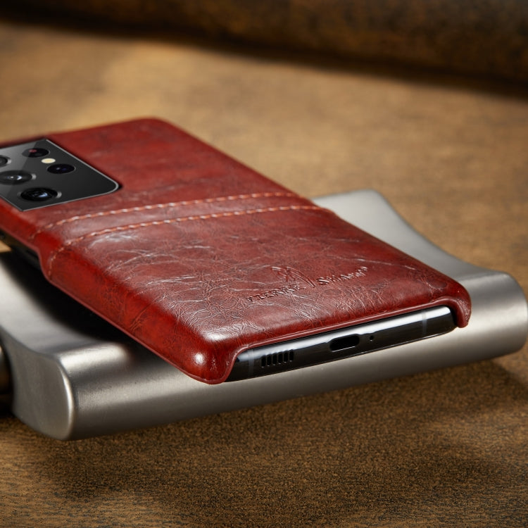 For Samsung Galaxy S21 Ultra 5G Fierre Shann Oil Wax Texture Leather Back Cover Case(Brown) - Galaxy S21 Ultra 5G Cases by FIERRE SHANN | Online Shopping South Africa | PMC TechLife | Buy Now Pay Later Mobicred