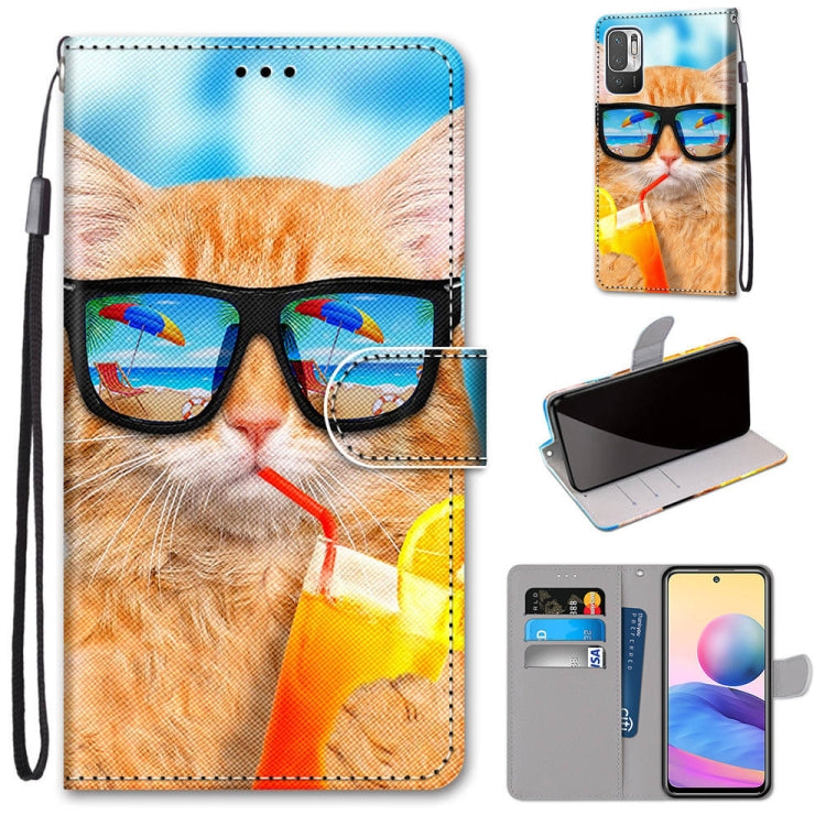 For Xiaomi Redmi Note 10 5G Coloured Drawing Cross Texture Horizontal Flip PU Leather Case with Holder & Card Slots & Wallet & Lanyard(Cat Drinking Soda) - free shipping - PMC TechLife - Order now!