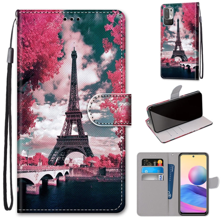 For Xiaomi Redmi Note 10 5G Coloured Drawing Cross Texture Horizontal Flip PU Leather Case with Holder & Card Slots & Wallet & Lanyard(Pink Flower Tower Bridge) - free shipping - PMC TechLife - Order now!
