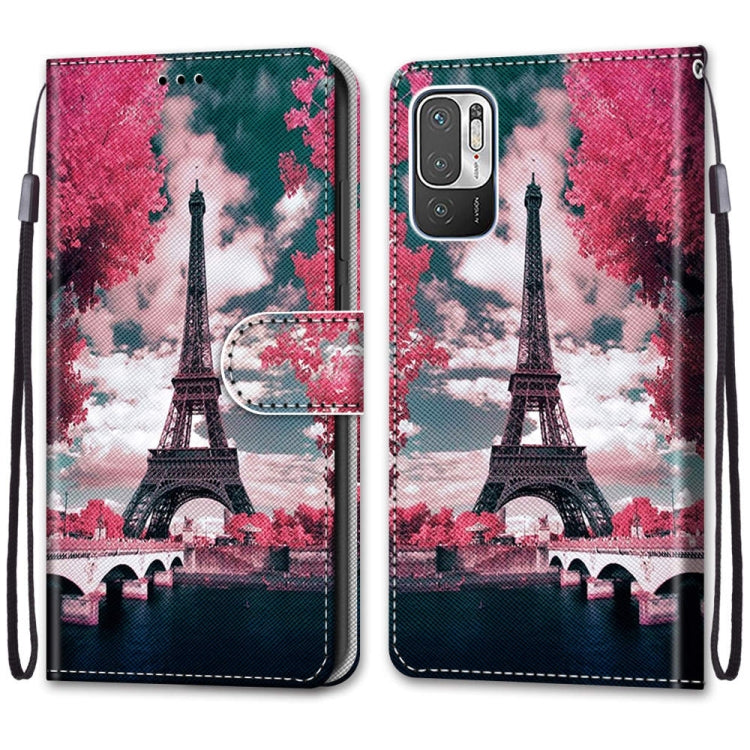 For Xiaomi Redmi Note 10 5G Coloured Drawing Cross Texture Horizontal Flip PU Leather Case with Holder & Card Slots & Wallet & Lanyard(Pink Flower Tower Bridge) - free shipping - PMC TechLife - Order now!