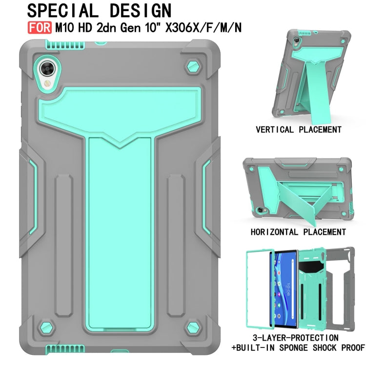 For Lenovo Tab M10 HD 2nd Gen TB-X306X T-shaped Bracket Contrast Color Shockproof PC + Silicone Flat Protective Case(Grey + Mint Green) - free shipping - PMC TechLife - Order now!