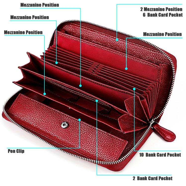 RFID Lychee Texture Fashion Organ Clutch Ladies Zipper Long Change Bag(Red Wine) - free shipping - PMC TechLife - Order now!