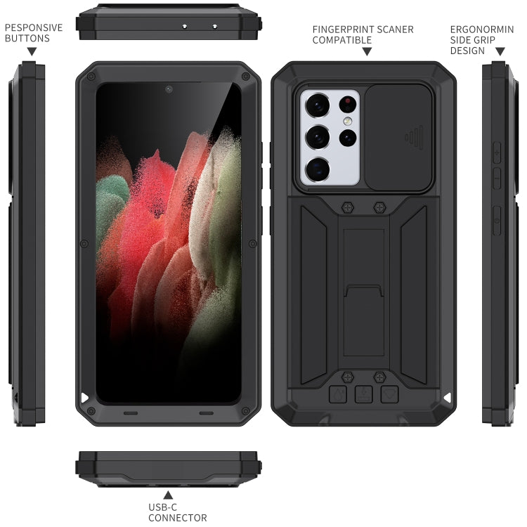 For Samsung Galaxy S21 Ultra 5G R-JUST Sliding Lens Cover Shockproof Dustproof Waterproof Metal + Silicone Case with Invisible Holder(Black) - Galaxy S21 Ultra 5G Cases by R-JUST | Online Shopping South Africa | PMC TechLife | Buy Now Pay Later Mobicred