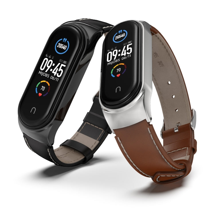 For Xiaomi Mi Band 6 / 5 / 4 / 3 Mijobs CS First Layer Cowhide Watch Band(Brown + Silver) - Watch Bands by MIJOBS | Online Shopping South Africa | PMC TechLife | Buy Now Pay Later Mobicred