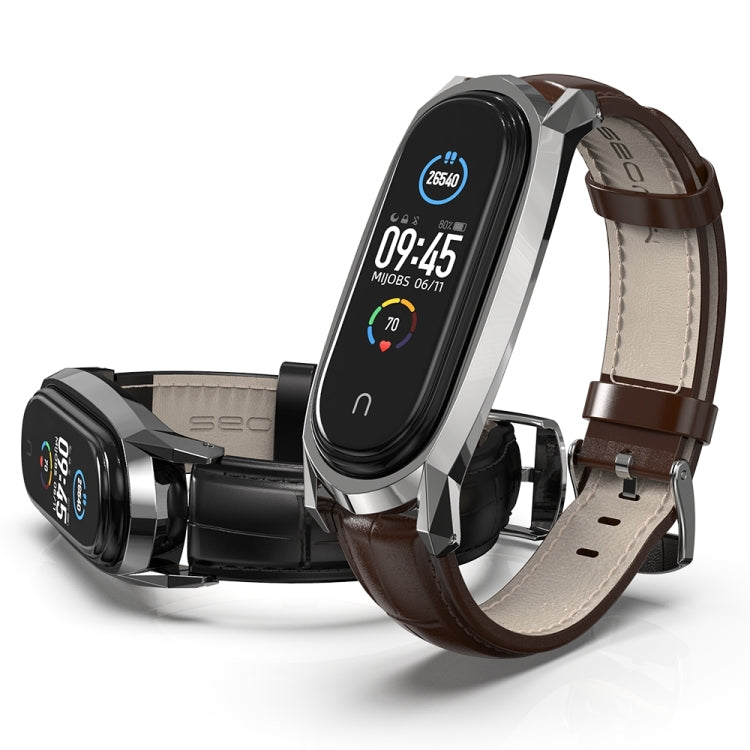 For Xiaomi Mi Band 6 / 5 / 4 / 3 Mijobs GT First Layer Cowhide Watch Band(Bamboo Joint Coffee+Gold) - Watch Bands by MIJOBS | Online Shopping South Africa | PMC TechLife | Buy Now Pay Later Mobicred