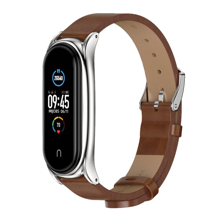 For Xiaomi Mi Band 6 / 5 / 4 / 3 Mijobs Metal Case Crazy Horse Texture PU Microfiber Plus Watch Band(Brown Silver) - Watch Bands by MIJOBS | Online Shopping South Africa | PMC TechLife | Buy Now Pay Later Mobicred