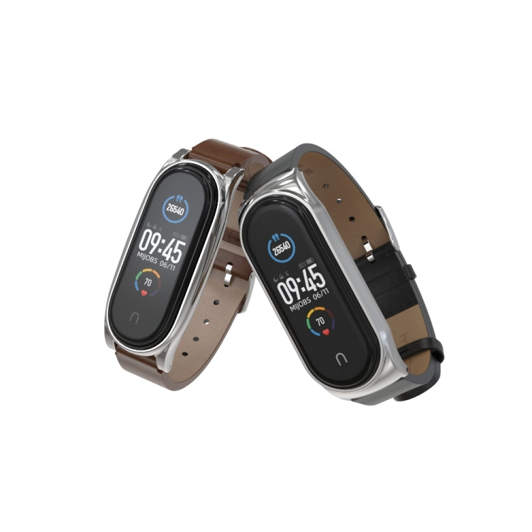 For Xiaomi Mi Band 6 / 5 / 4 / 3 Mijobs Metal Case Crazy Horse Texture PU Microfiber Plus Watch Band(Brown Silver) - Watch Bands by MIJOBS | Online Shopping South Africa | PMC TechLife | Buy Now Pay Later Mobicred
