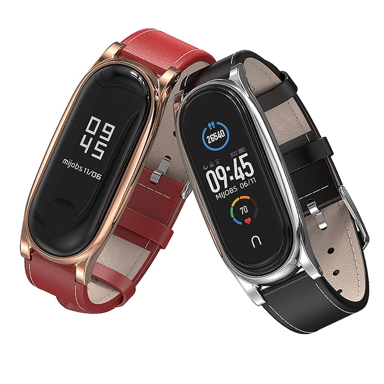 For Xiaomi Mi Band 6 / 5 / 4 / 3 Mijobs First Layer Cowhide Plus Watch Band(Red Silver) - Watch Bands by MIJOBS | Online Shopping South Africa | PMC TechLife | Buy Now Pay Later Mobicred